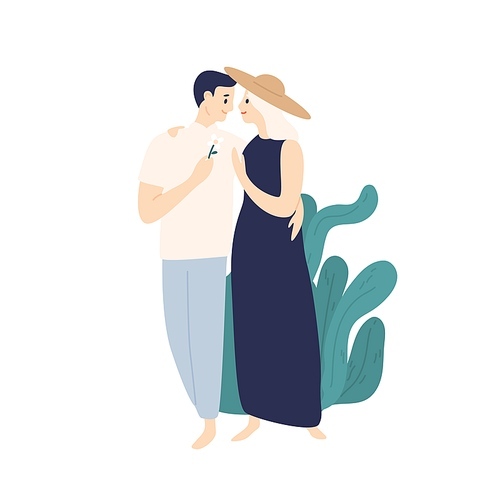 Smiling couple hugging walking together at summer street vector flat illustration. Happy young man and elegant woman feeling love and tenderness isolated on white. Cartoon pair people embrace.