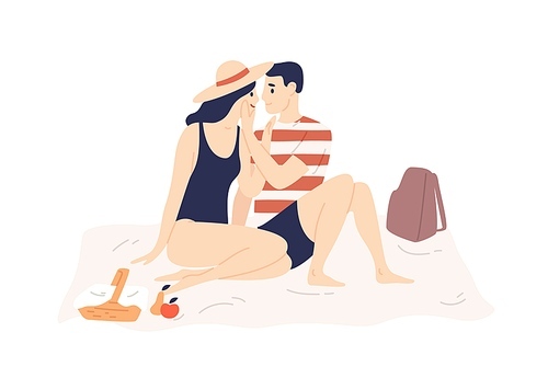 Smiling couple in swimsuit sit on plaid have romance date outdoors vector flat illustration. Happy cartoon man and woman kissing, hugging feeling love isolated on white. Romantic summer picnic.