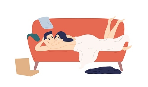 Happy naked couple lying on couch after sex vector flat illustration. Cartoon man and woman spending time together feeling love isolated on white. Tenderness relationship of joyful pair.