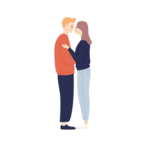 Smiling young casual man and woman hug touching nose each other vector flat illustration. Loved couple kiss feeling love isolated on white. Happy girl and guy enjoying romantic relationship.