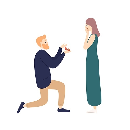 Enamored man making offer holding ring to surprised woman vector flat illustration. Elegant cartoon male standing on knee asking female marry him isolated on white . Couple engagement.