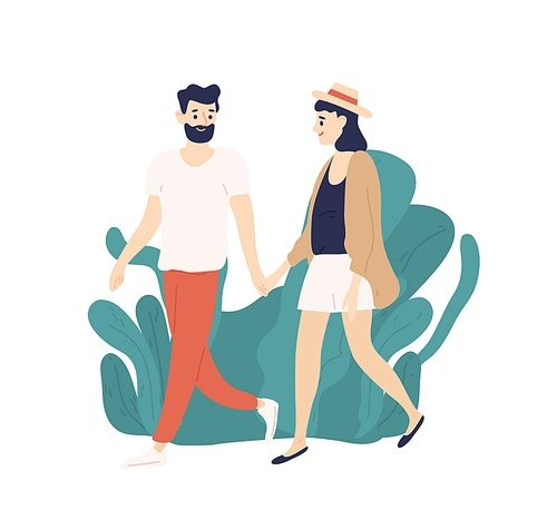 Casual young couple walking holding hands outdoors vector flat illustration. Happy relaxed man and woman spending time together isolated on white . People enjoy romantic relationship.