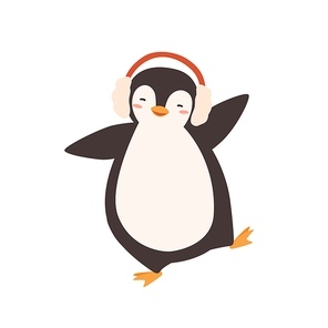 Funny dancing cartoon penguin in earmuffs vector flat illustration. Adorable happy polar animal moving in warm accessory isolated on white background. Cute wild arctic character.