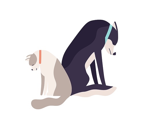 Unhappy abandoned cat and dog sitting together having sadness vector flat illustration. Depressed sad domestic animal feeling loneliness isolated on white. Two colorful upset homeless pet.