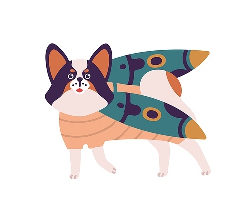 Cartoon dog in funny bug costume vector flat illustration. Colorful domestic animal standing in beetle clothes isolated on white . Pet papillon breed wearing insect with wings apparel.