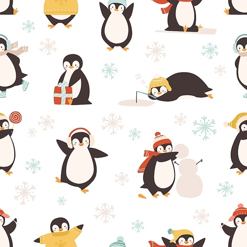 Cute cartoon penguin seamless pattern. Funny arctic animal wearing warm winter clothing and hats isolated on white. Different positive penguins enjoying various activity vector graphic illustration.