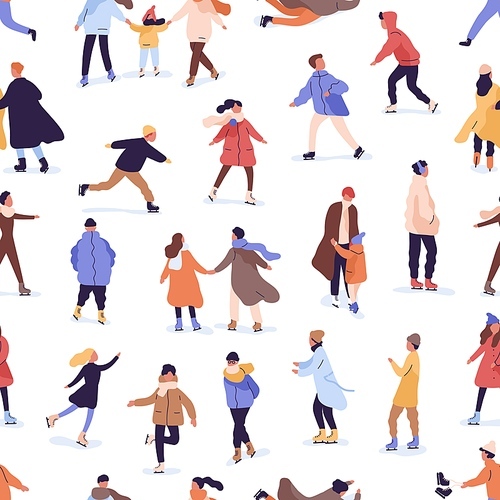 Different people skating on a skating rink seamless pattern. Various man, woman and children ride on ice skates vector flat illustration. Colorful cartoon person enjoying winter outdoor activity.