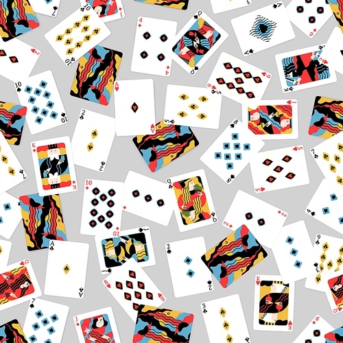 different cartoon playing cards seamless pattern vector flat  illustration. various clubs, hearts, diamonds and crosses on white background. colorful card for poker and casino game.