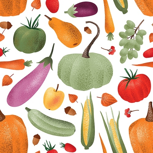 Autumn harvest vector seamless pattern. Ripe vegetables fruits and berries cartoon illustrations. Fall season agricultural produce wallpaper design. Organic veggies store wrapping paper print.