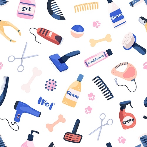 Grooming equipment for pet care salon seamless pattern. Various tools for bath, wash, cut, dry during caring of domestic animal on white background. Different items for coat at dog and cat saloon.