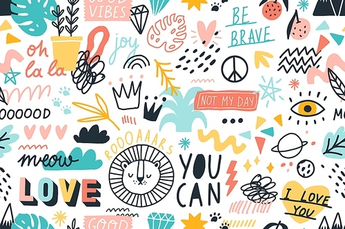 Different hand drawn design elements animals, plants, symbols and handwritten slogans seamless pattern. Various colorful phrases and inscriptions on white. Vector flat illustration in doodle style.