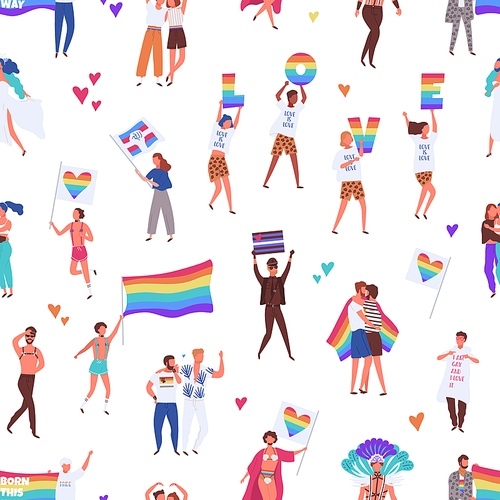 Colorful pride parade seamless pattern. Crowd of gay, lesbian, bisexual, transgender activists holding flags and placards at lgbtq demonstration. Vector illusration in flat cartoon style.