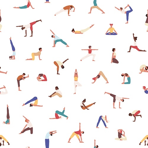 People exercising yoga vector seamless pattern. Yogis in poses, athletes, men and women practicing asana texture. Sportsmen training background. Textile, wallpaper, wrapping paper design
