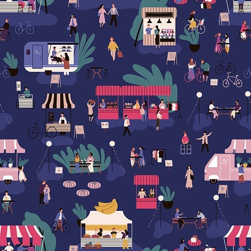 Many people at night market colorful seamless pattern. Urban festival, street marketplace. Background with croud of people walking and buying goods at fair. Vector illustration in flat cartoon style.