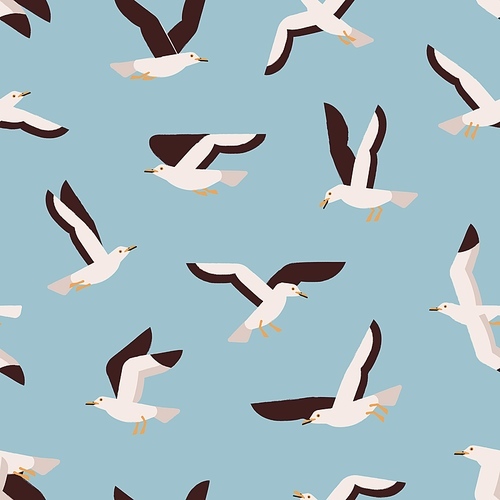 Cartoon colorful flight marine bird seamless pattern. Atlantic seabird creature enjoying freedom on blue background. Flying seagull vector flat illustration. Polar north natural wildlife.