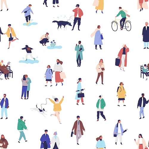 Colorful seamless pattern with different people walking on the street. Men, women, children outdoors. Modern spring background with tiny people. Vector illustration in flat cartoon style.