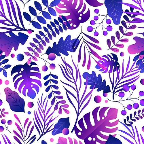 Gorgeous seamless pattern with tropical leaves. Endless background with gradient purple exotic foliage. Trendy colorful summer pattern. Vector illustration.