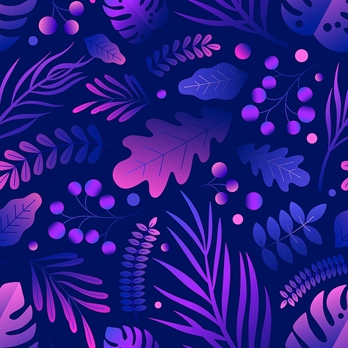 Trendy natural seamless patern with gradient purple tropical foliage. Gorgeous elegant endless background with exotic leaves. Colorful summer pattern. Vector illustration.