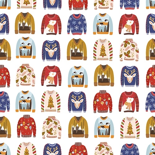Colorful comfortable knitted winter ugly sweaters seamless pattern. Different cozy woolen christmas season wear vector flat illustration. Various cosiness warm clothing with festive image.
