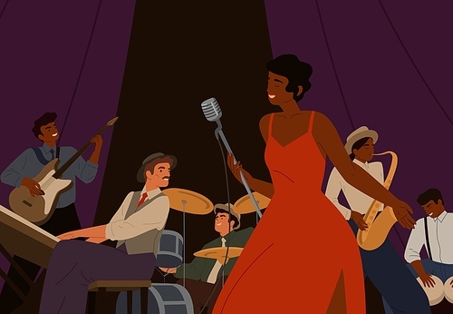 Diverse jazz band with black skin cartoon female singer vector graphic illustration. Group of musicians playing by musical instrument performing on stage. Play on saxophone, piano, drum, guitar.
