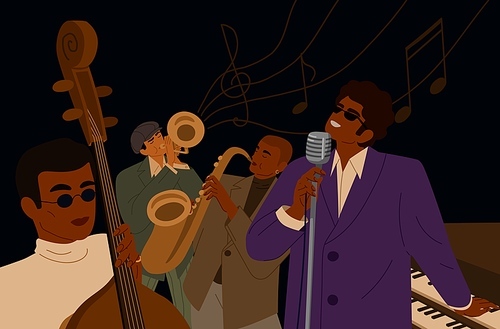 Music man playing musician instrument and singing vector graphic illustration. Artistic male jazz band play on saxophone, piano, trumpet and double bass. Singer with microphone isolated on black.