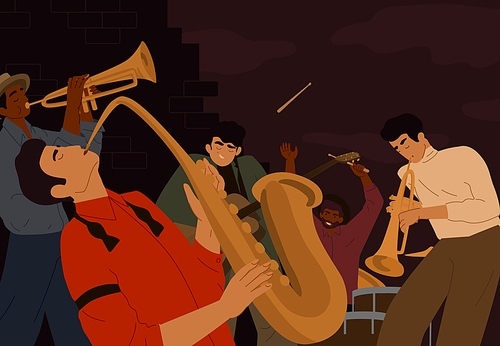 Team of street artistic people playing on musician instrument at night city. Jazz band classical music performers vector graphic illustration. Male guitarist, saxophonist, drum player and trumpeter.
