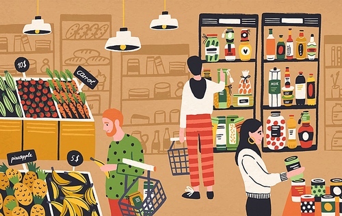 Cartoon people choosing and buying fresh products at grocery store vector flat illustration. Colorful man and woman shopper at supermarket. Customers purchasing food at retail shop.
