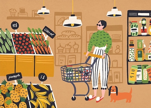 Cartoon trendy woman buyer with dog purchasing at supermarket vector flat illustration. Colorful female customer with shopping card buying food at grocery store. Hypermarket with shelf of products.