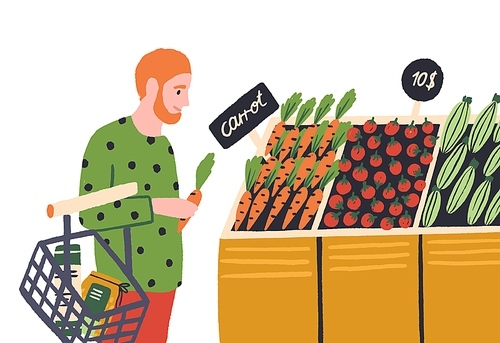 Cartoon man choosing vegetable at shop vector flat illustration. Colorful male buyer at grocery store produce section isolated on white . Goods assortment with tag price.