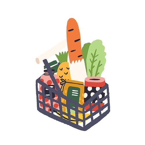 Supermarket basket full of fresh tasty products vector flat illustration. Shopping grocery basketful with bread, fruit, vegetable and cans isolated on white . Colorful hand drawn purchase.