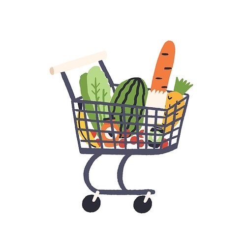 Cartoon trolley with healthy food vector flat illustration. Colorful full shopping cart with grocery from self-service shop isolated on white . Fresh products in pushcart with handle.