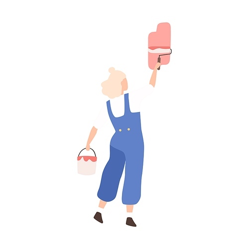 Woman with bucket of paint and roll depict colorful image on wall vector flat illustration. Female professional painter wearing overalls create decoration isolated on white .