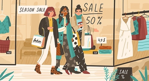 Trendy girls shopping together. Modern young women walking near fashion outlet or boutique and holding bags with purchases. Seasonal sale, discounts. Vector illustration in flat cartoon style.