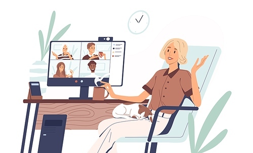Young woman having videoconference with colleagues. Corporate video call, distant discussion. Friends talking online. Concept of teamwork during quarantine. Vector illustration in flat cartoon style.