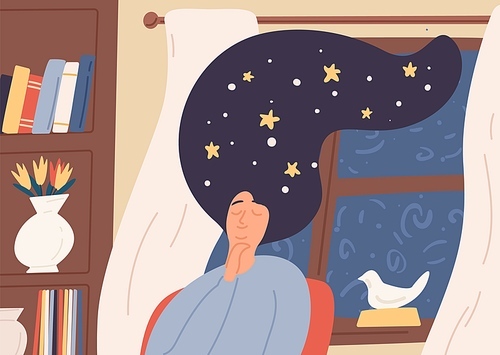 Dreaming girl with starry sky in long hair sitting near window vector flat illustration. Daydreaming woman with closed eyes imagining at night. Cartoon female with space instead of hairstyle.