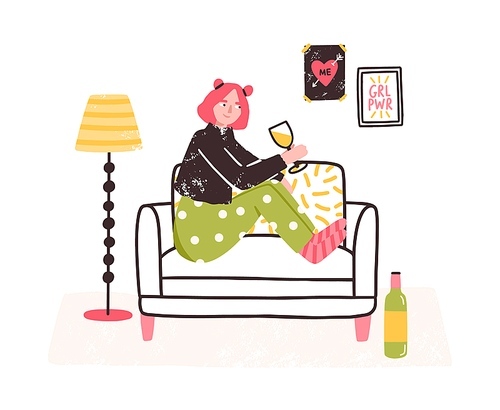 Girl sitting on sofa and drinking beverage. Young woman relax with a glass of wine. Feminist apartment cozy interior. Vector illustration in flat cartoon style.