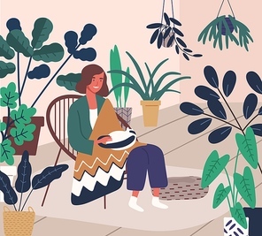 Cheerful woman sit in armchair covering warm plaid vector flat illustration. Smiling domestic female resting at home stroking cat. Joyful girl having anti stress leisure surrounded by houseplant.