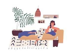 Happy woman lying in bed and surfing internet. Girl spending time at home, chatting in social network or messenger. Stay home concept. Freelancer lifestyle. Vector illustration in flat cartoon style.