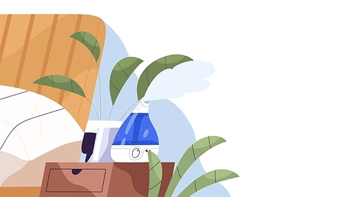 Home ultrasonic humidifier generating steam horizontal banner. Air cleaner, vaporizer. House appliance for humidity control, aromatheraphy and skincare. Vector illustration in flat cartoon style.