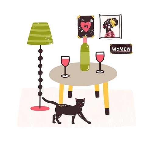 Comfy interior with cat, table with bottle and glasses on it and posters on the wall. Cozy feminist apartment. Vector illustration in flat cartoon style.