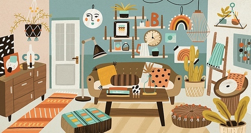Cozy cartoon interior design vector illustration. Colorful domestic furnishing with houseplant, couch, coffee table and decor elements. Cosiness homey space with comfortable decoration.