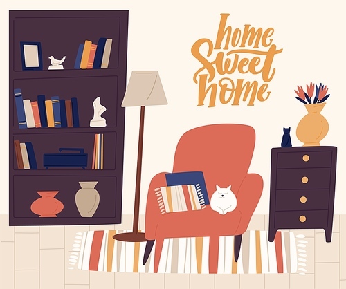 Stylish interior of cozy room vector flat illustration. Cartoon cat lying on comfy armchair with pillows surrounded by home decorations. Cosiness apartment in trendy Scandinavian hygge style.