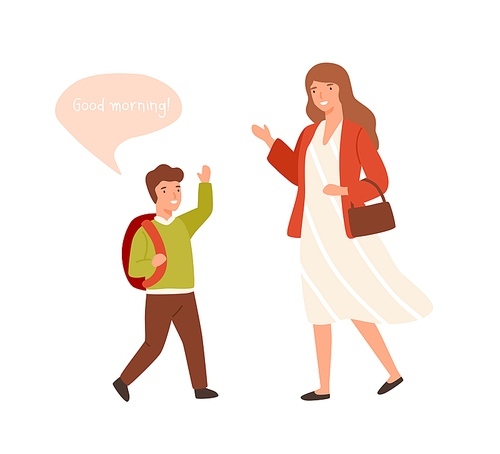 Smiling cartoon well mannered boy greeting adult woman vector flat illustration. Cartoon schooler guy waving hand to wish good morning isolated on white. Child demonstrate respectful manners.