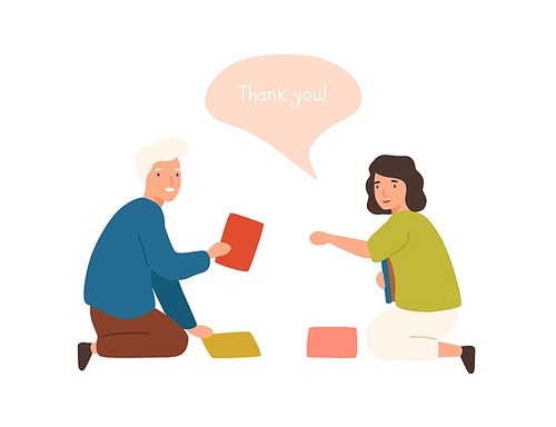 Positive cartoon old man help smiling female to collect fallen books vector flat illustration. Happy male demonstrating good manners isolated on white . Woman talk thank you for helping.