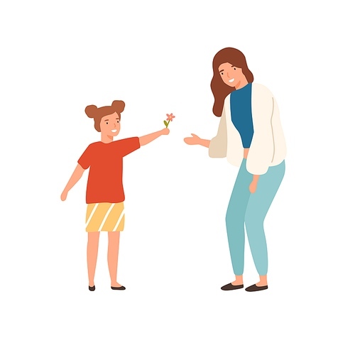 Cute cartoon little girl give flower to beautiful mother vector flat illustration. Happy well mannered female child and positive young woman isolated on white . Colorful smiling family.