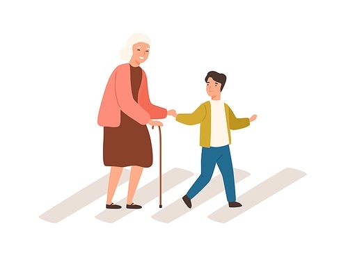 Joyful polite boy help grandmother cross street vector flat illustration. Smiling well mannered child assistance to aged woman isolated on white. Male kid and elderly female go on crosswalk together.