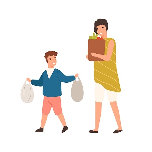 Cartoon well mannered boy help mother carry package with purchase vector flat illustration. Happy polite son carrying goods with woman isolated on white. Colorful child demonstrate good manners.