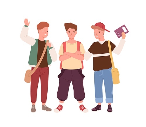 Happy teenager male kids with backpack, bags and book stand together vector flat illustration. Group of positive school guys smiling, waving hand isolated on white. Young boys classmates or friends.