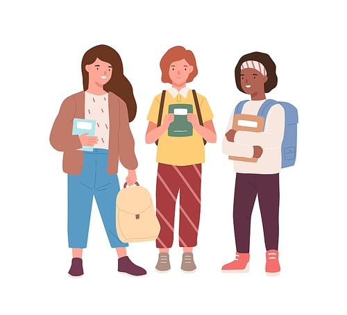 Group of adorable diverse classmates girls standing together vector flat illustration. Happy female pupils friends smiling holding books and backpacks isolated on white. Joyful kids mate.