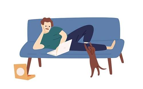 Cartoon relaxed man use laptop surfing internet vector flat illustration. Modern freelancer male working at home isolated on white . Colorful guy lying on couch spending time online.